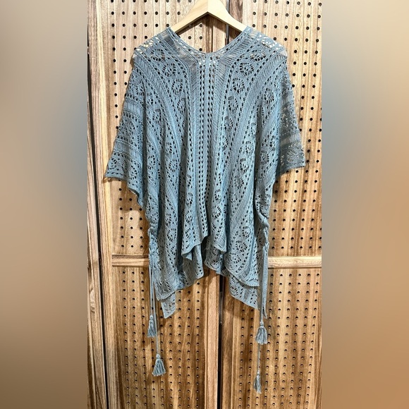 Indigo Soul Crochet Knit Sweater Cover Up with Side Gather Tassels Poncho - Picture 5 of 6